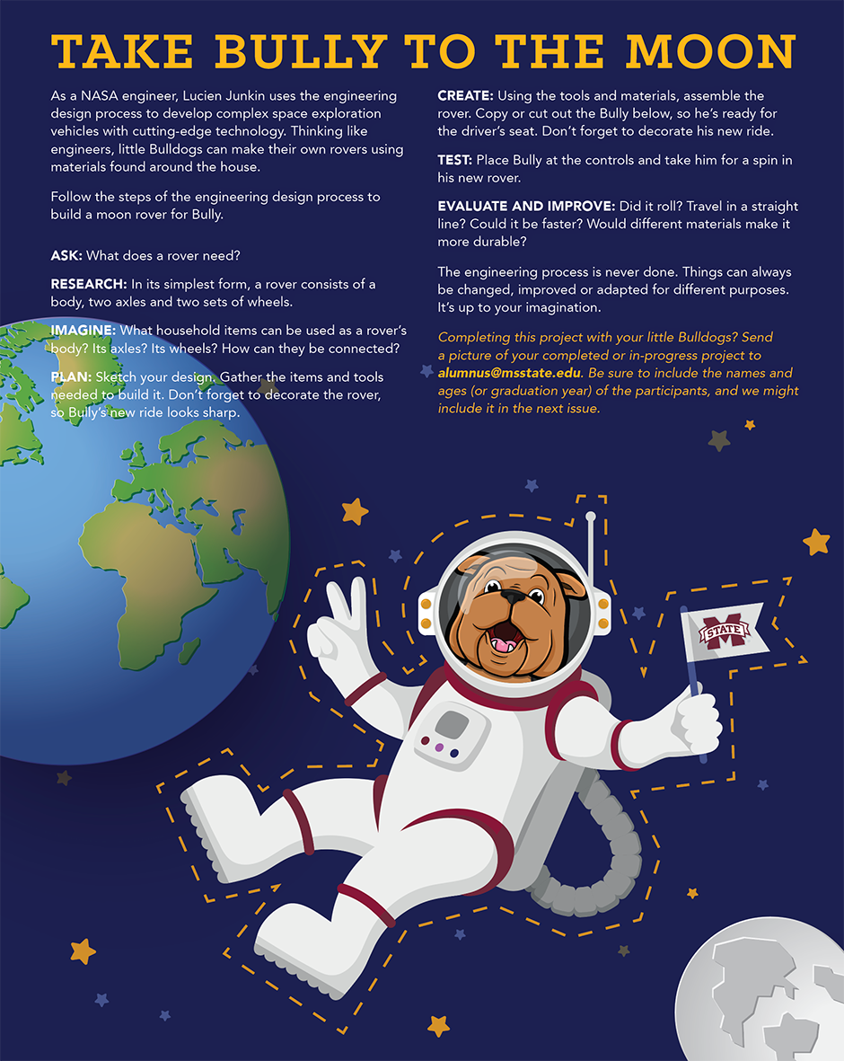 Take Bully to the Moon Graphic, Bully in a space suit floating in space between the earth and the moon.